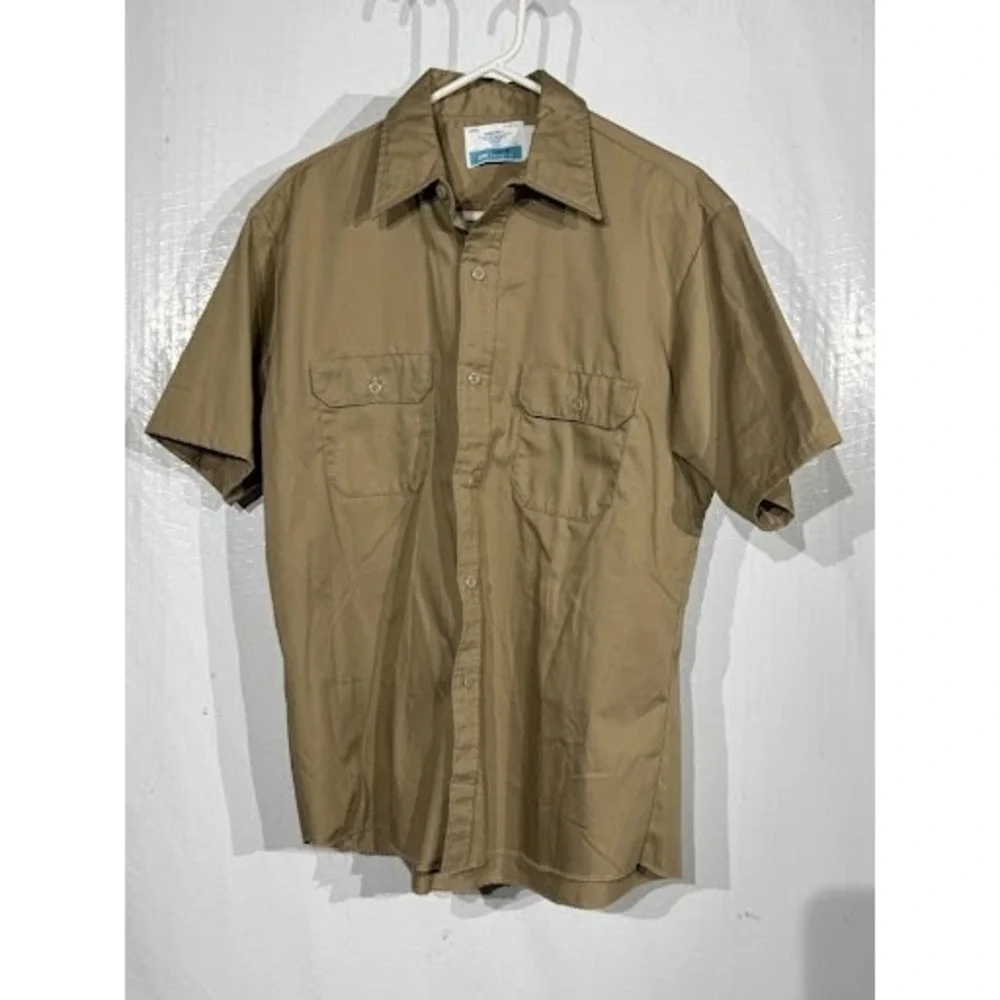 Vintage 1970s Sears Work & Leisure Short Sleeve Button Down Shirt Tan Large